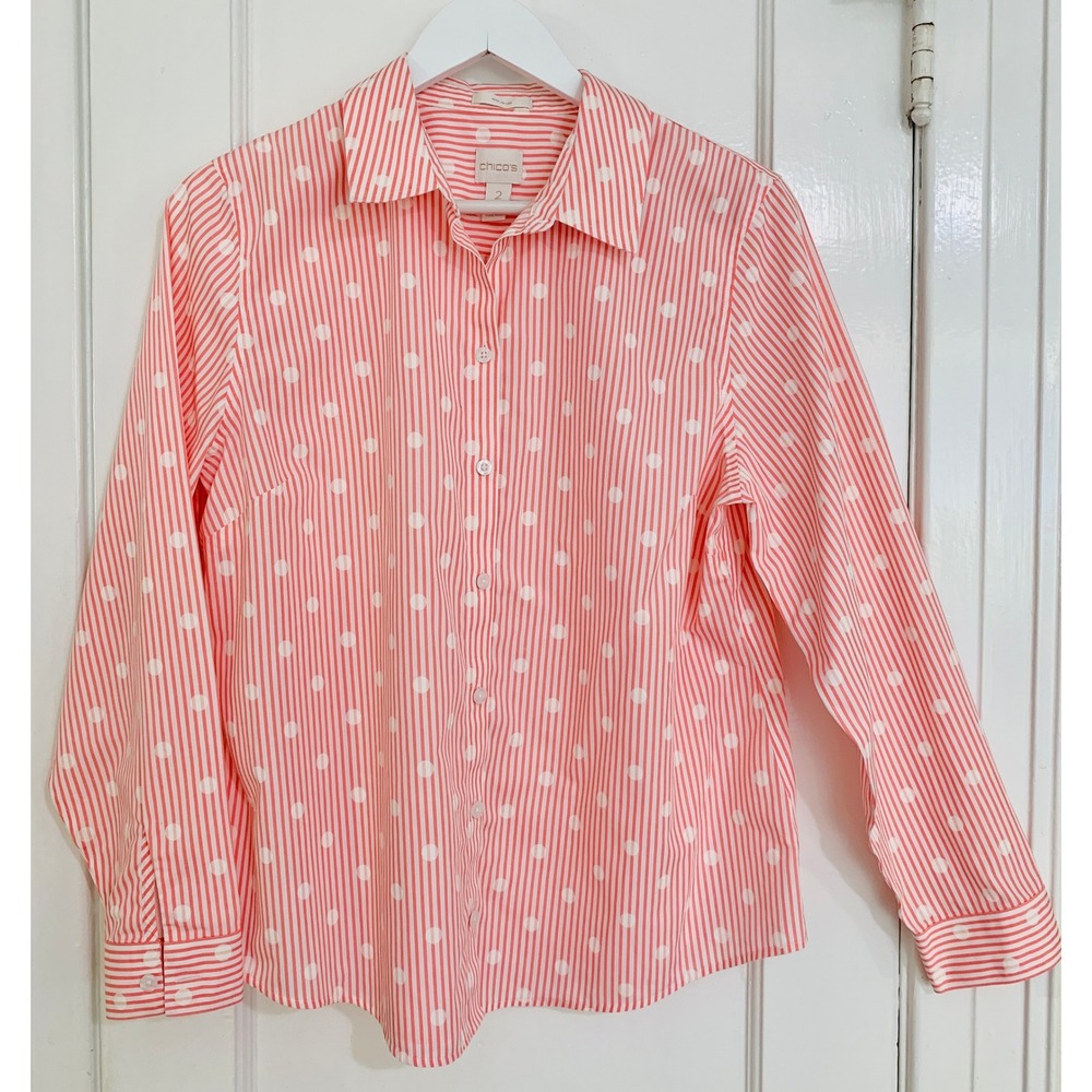 Chicos No Iron Button Down Coral Striped Polka Dot Shirt Size 2 (L-12) - Picture 2 of 14